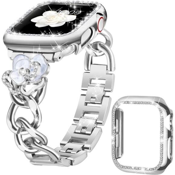 NEW Silver Floral Apple Watch band with Case - Picture 1 of 6